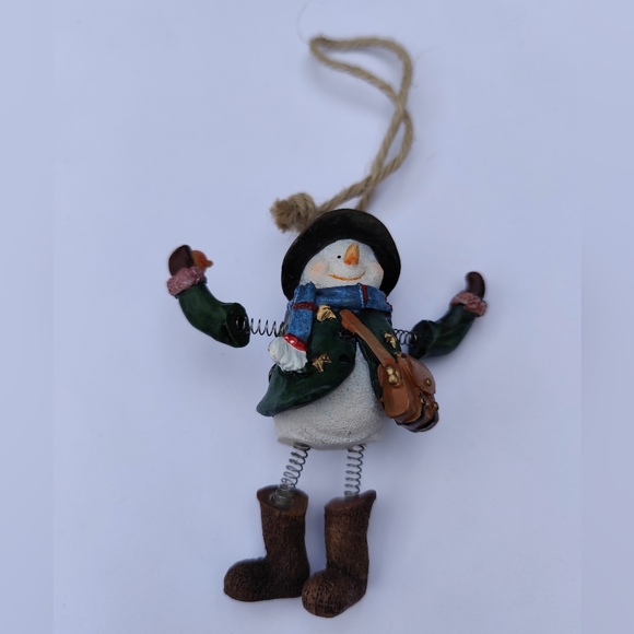 Snowman Ornament Green Jacket Brown Purse Boots and Spring legs - Picture 3 of 5